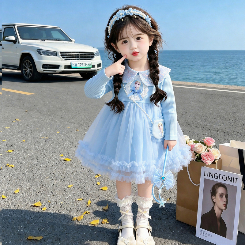 Girls' Long-Sleeved Elsa Princess Dress, Kidsren's Doll Collar Sequined Autum Elsa Dress, Mesh Heart Cake Dress