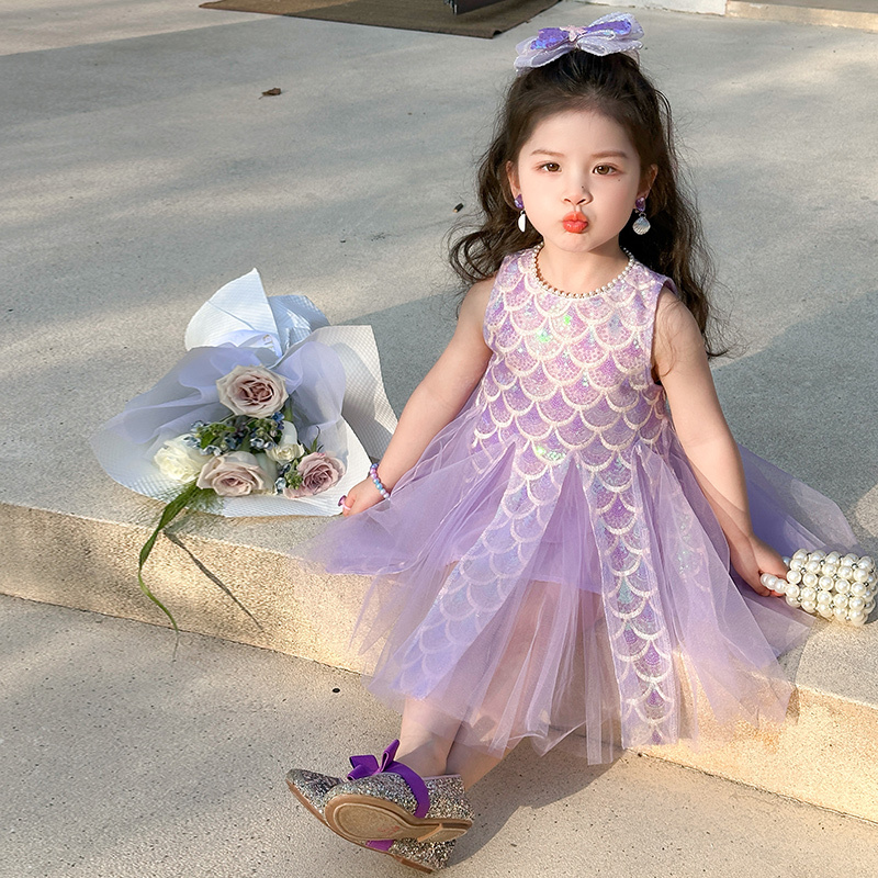 Baby Girl Summer Sleeveless Purple Mermaid Princess Dress 2025 New Style Sequined Mesh Splicing Dress for Small and Medium-Sized Children Baby Girl Summer Sleeveless Purple Mermaid Princess Dress 2025 New Style Sequined Mesh Splicing Dress for Small and Medium-Sized Children