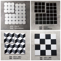 Minimalist black plaid kitchen and ground floor 300X300 balcony imitation ancient brick black and white geometric small flower brick Nordic antique