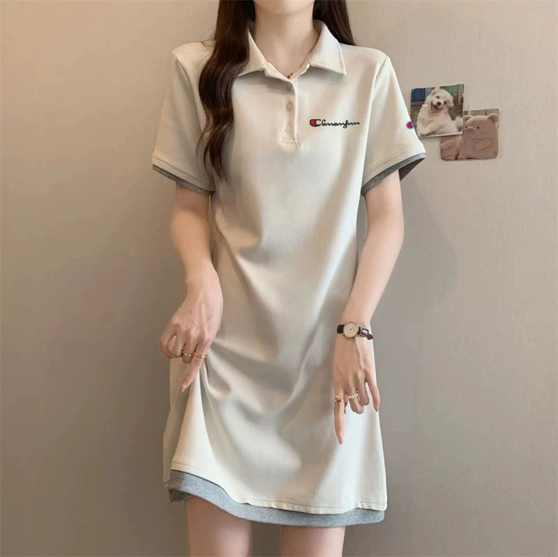 Japanese Version Champion Lingyu Polo Dress for Women, Summer Turn-Down Collar Short-Sleeve Mid-Length Faux Two-Piece Loose T-Shirt A-Line Skirt