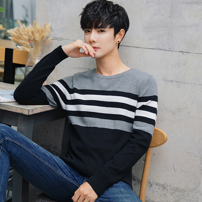 Men's Sweater, Autumn Knitwear, Youth Round-Neck Striped Base Shirt, Spring and Autumn Thin Long-Sleeved Sweater