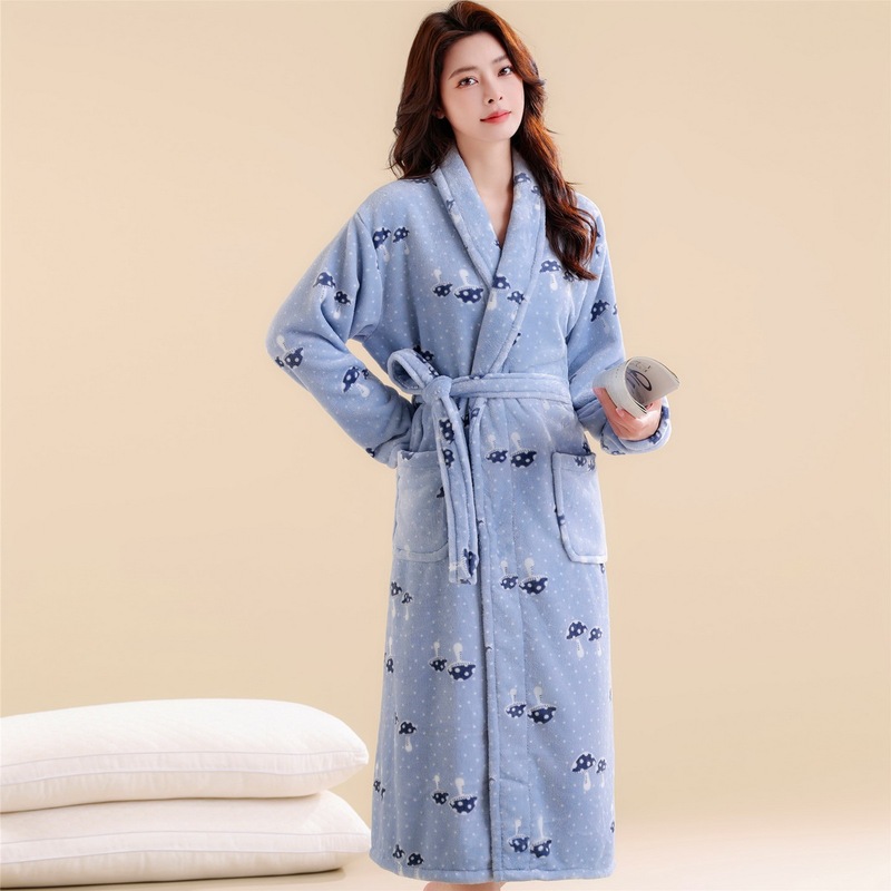 Flannel Loungewear Pajamas for Women, Autumn and Winter, Thickened and Fleece-Lined, Warm Winter Coral Fleece Robe, Mid-Length Bathrobe, Plus Size