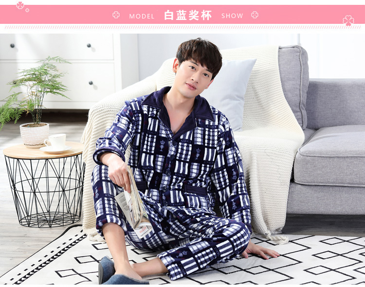 Mùa đông mùa đông flannel đồ ngủ nhà dịch vụ nam dày san hô lông cừu phù hợp với bộ đồ ngủ chia tay dài XL pijama nam