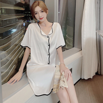 2022 Summer Ice Silk Sleeping Dress Woman Short Sleeve Long Skirt Loose thin Sexy Cardiovert Pure Color Pyjamas silk home clothes