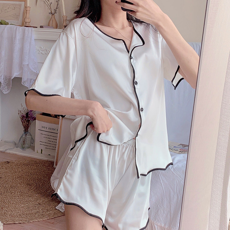 Summer pyjamas ladies short sleeves extras in ice silk wavy Korean version Two-piece suit emulated silk sexy home for spring