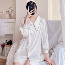 Sleeping Dress Woman 2022 New Spring Summer Season Ice Silk Princess Wind Pyjamas Woman Little Flip Collar Small White Shirt Dress