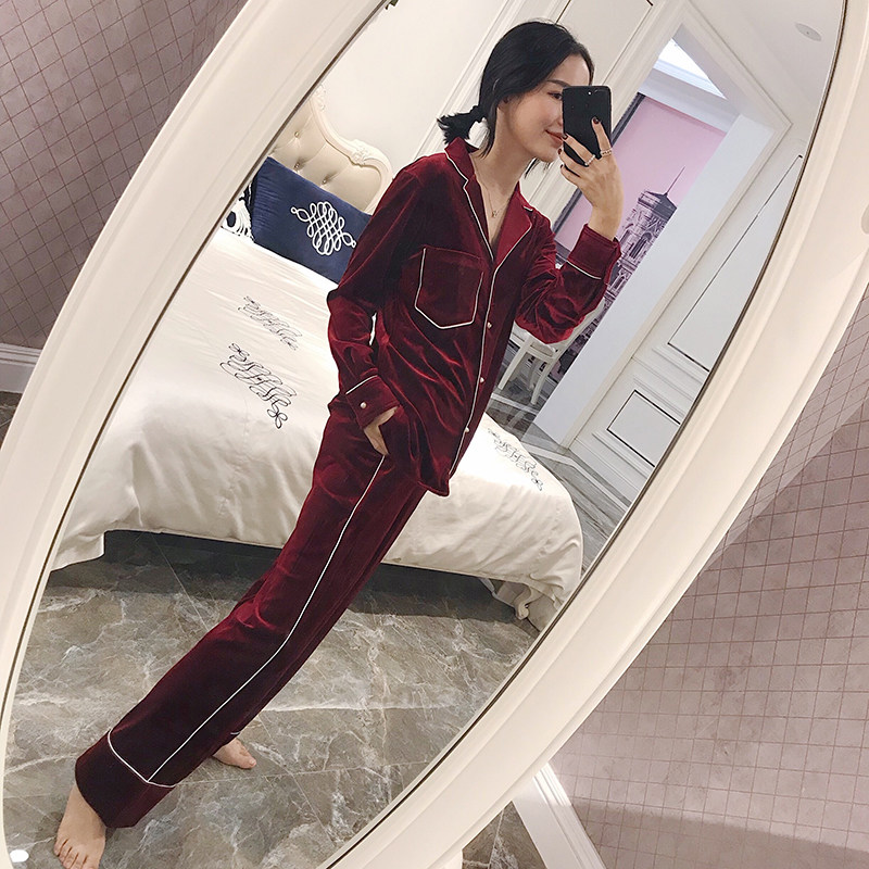 High-grade wine red gold velvet pajamas female couple comfortable autumn and winter sexy pajamas Wedding gift home wear set