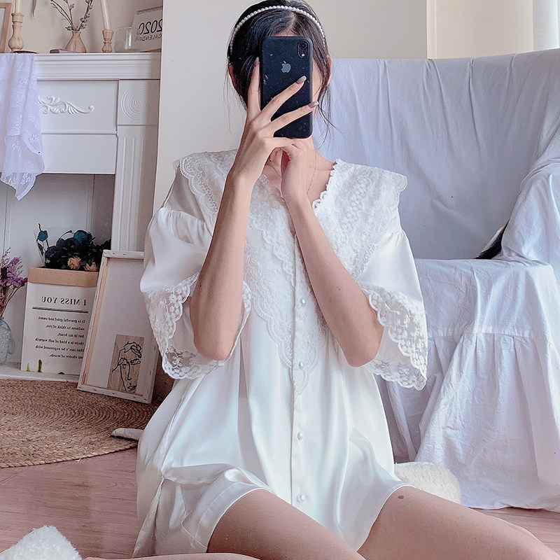 2022 New Products Sexy Lace Florian Side Pyjamas Woman Summer Thin Ice Silk Short Sleeve Shorts Casual Home Suit Suit