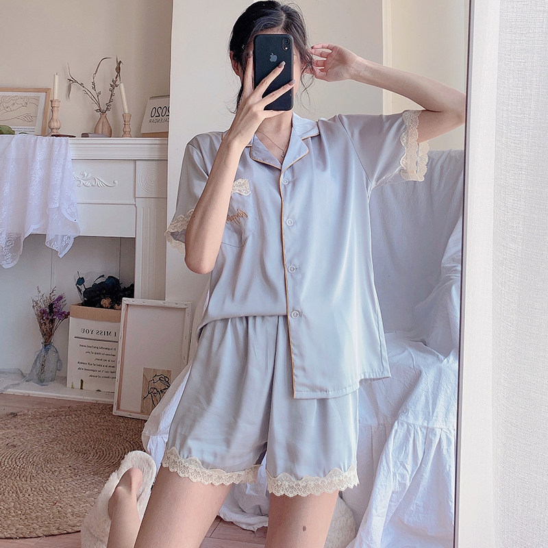 Sleepwear Female Summer Ice Silk Short Sleeves Ultra Slim Lace Floral Side Sexy Temperament Web Red Wind Method Emulation Silk Home Clothing