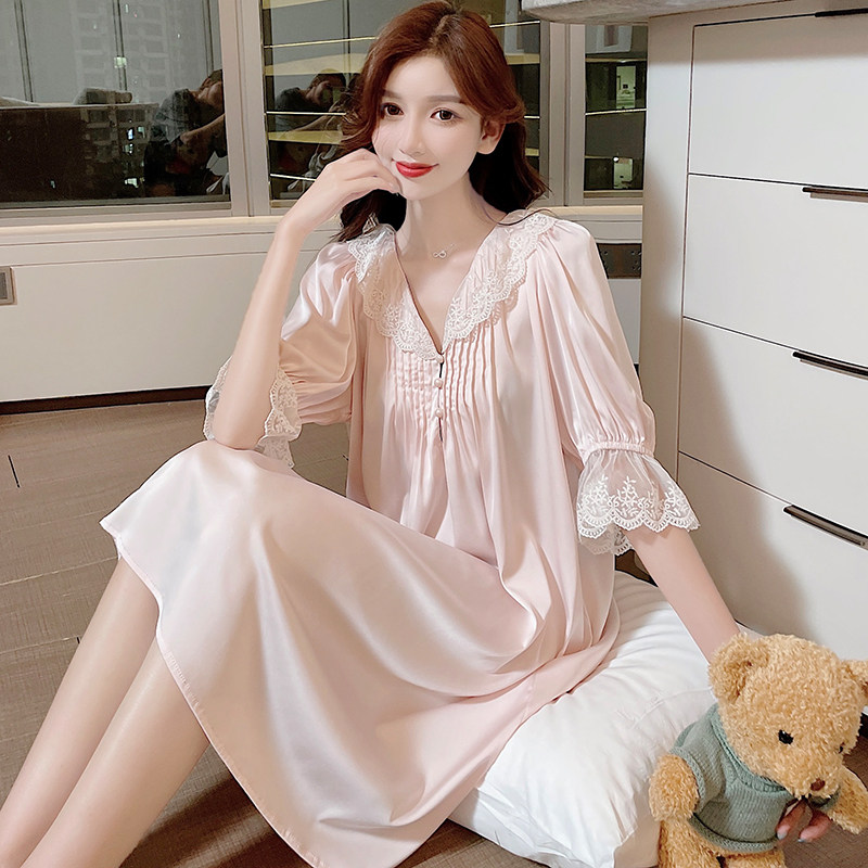 Summer pajamas sweet lovely princess wind court lace temperament pink ice silk thin sleepdress home suit
