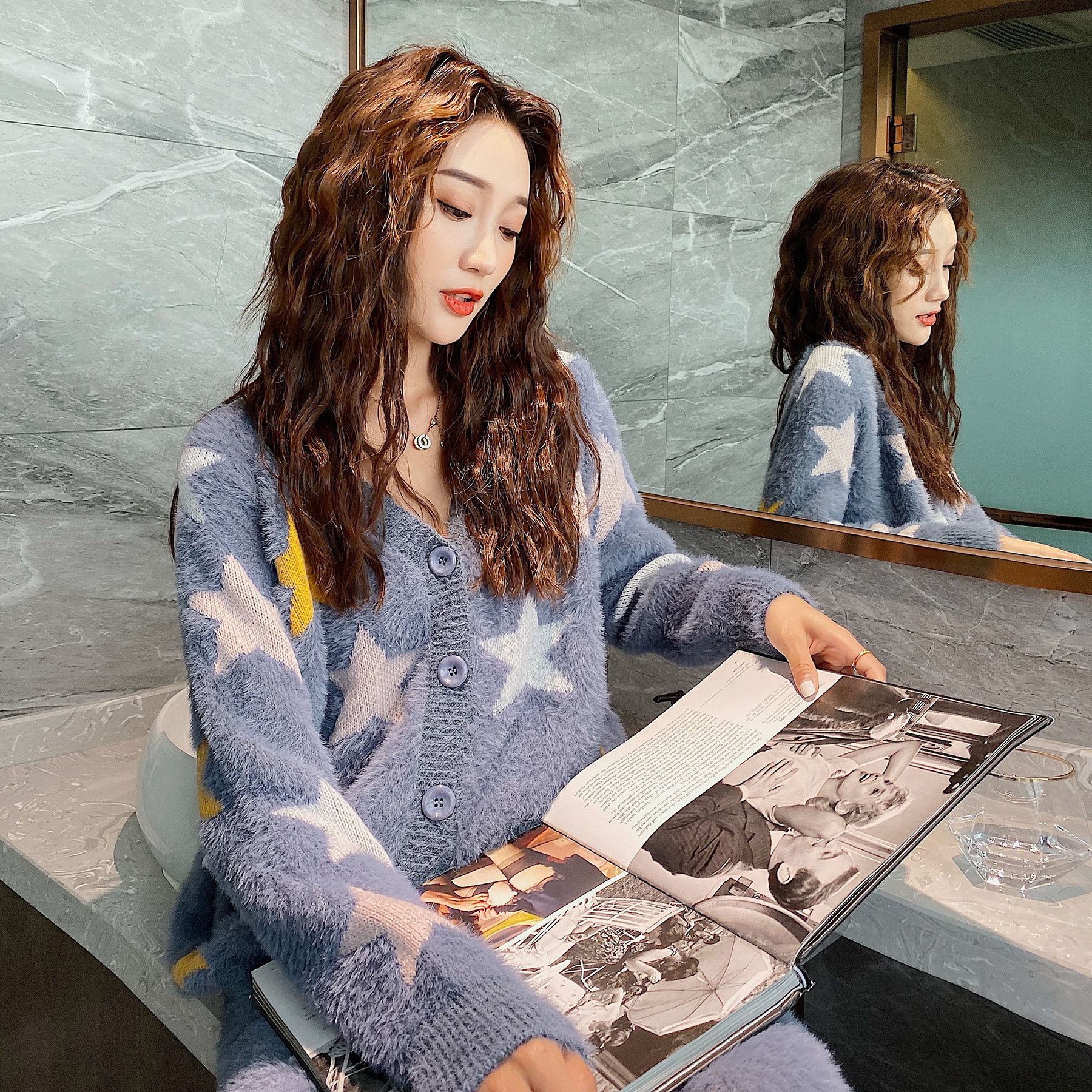 ins Simple autumn and winter thickened warm star cardigan soft imitation mink velvet women's pajamas can be worn outside home clothes