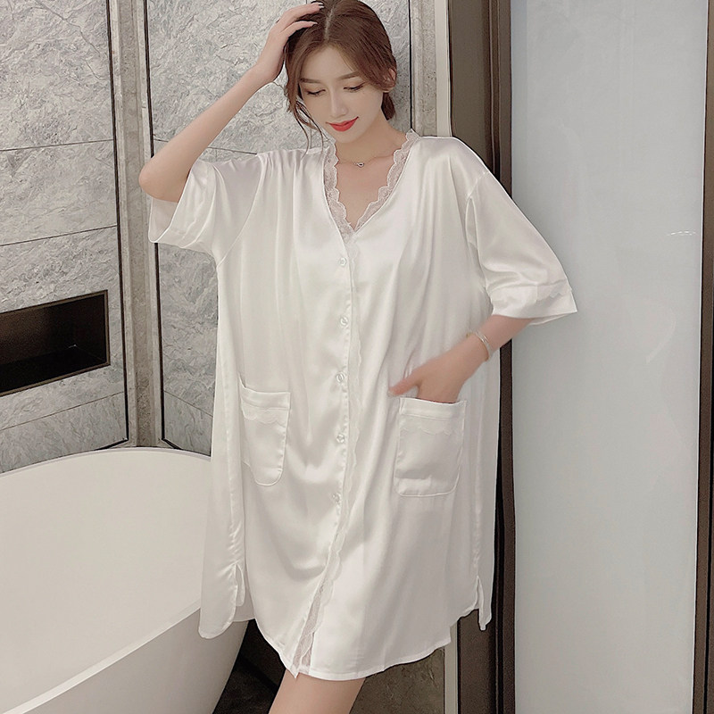 Spring and summer thin pajamas female V-collar lace lace lace sexy white shirt short wear sweet ice wire sleeping skirt