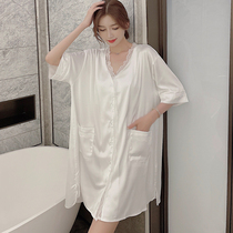 Spring Summer Thinness Pyjamas Woman V Collar Lace Florian Lace Sexy White Shirt Short Can Outwear Sweet Ice Silk Sleeping Dress