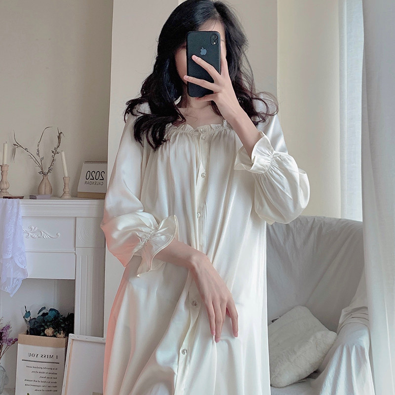 Long Sleeve Sleeping Dress Lady Spring Sexy Long Version Loose Pure Color Ice Silk Summer Retro Palace Wind Pyjamas princess Home Home Clothing
