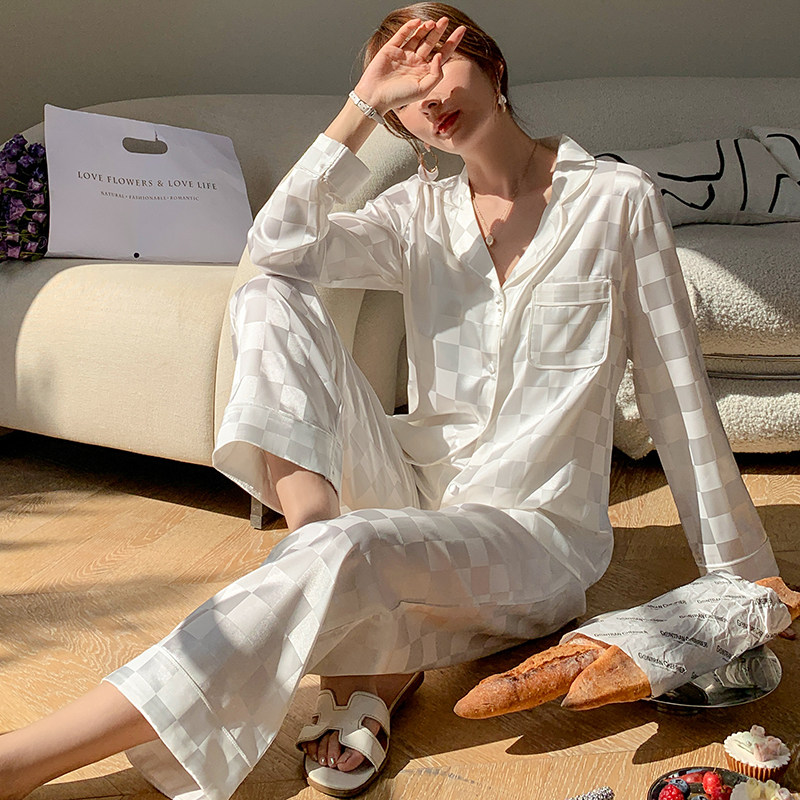 Plaid Couples Pyjamas Women Spring Autumn Ice Silk Long Sleeves Long Pants Temperament Net Red Exploits can be worn outside the home Two sets