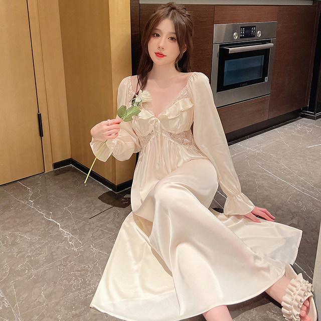 Spring and autumn very fairy pajamas women's sweet ice ribbon chest pad lace sexy princess nightdress long-sleeved home service