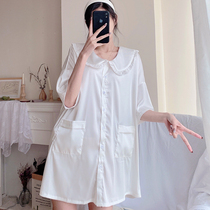 Sleeping Skirt Woman Spring Summer Ice Silk Short Sleeve Thin Sweet Girl Doll Collar Open Jersey Korean Version Emulation Silk Loose Sleepwear
