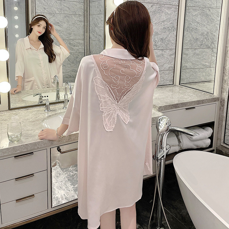 2022 New Sleeping Dress Woman Spring Summer Long Sleeve Ice Silk Sexy Boyfriend Wind Shirt Summer Thin Genuine Silk Pyjamas