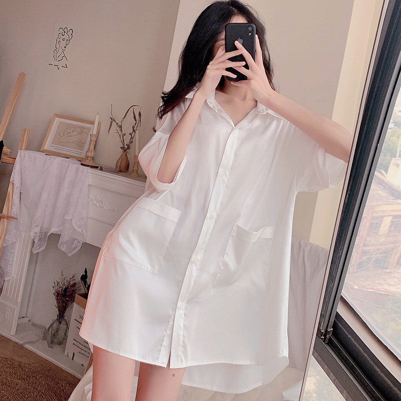 Sleeping Skirt Woman Summer Ice Silk Sexy Slim Boyfriend Wind White Shirt Mesh Red Medium Long Version Spring Autumn Real Silk Private Room Pyjamas