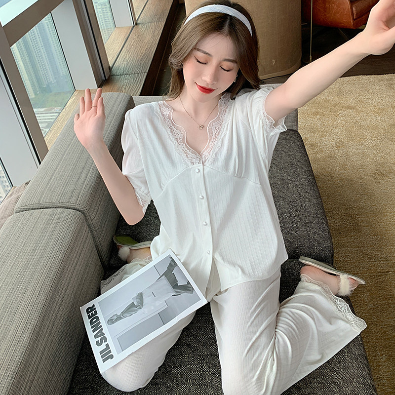 Net Red Sexy Lace Pyjamas Woman Summer Pure Cotton Short Sleeve Long Pants Two ins Wind Princess White Home Costume Fairy