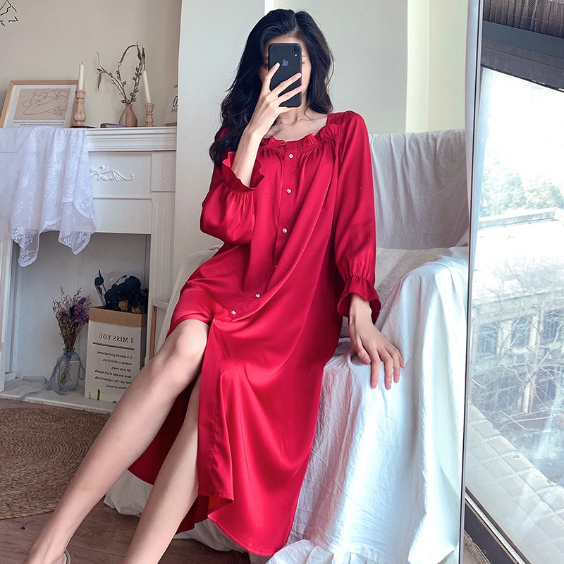 Red Pyjamas Women's Life Spring Autumn Long Sleeves Slim Loot Style Palace Wind Ice Silk Sleeping Dress Sexy medium long version