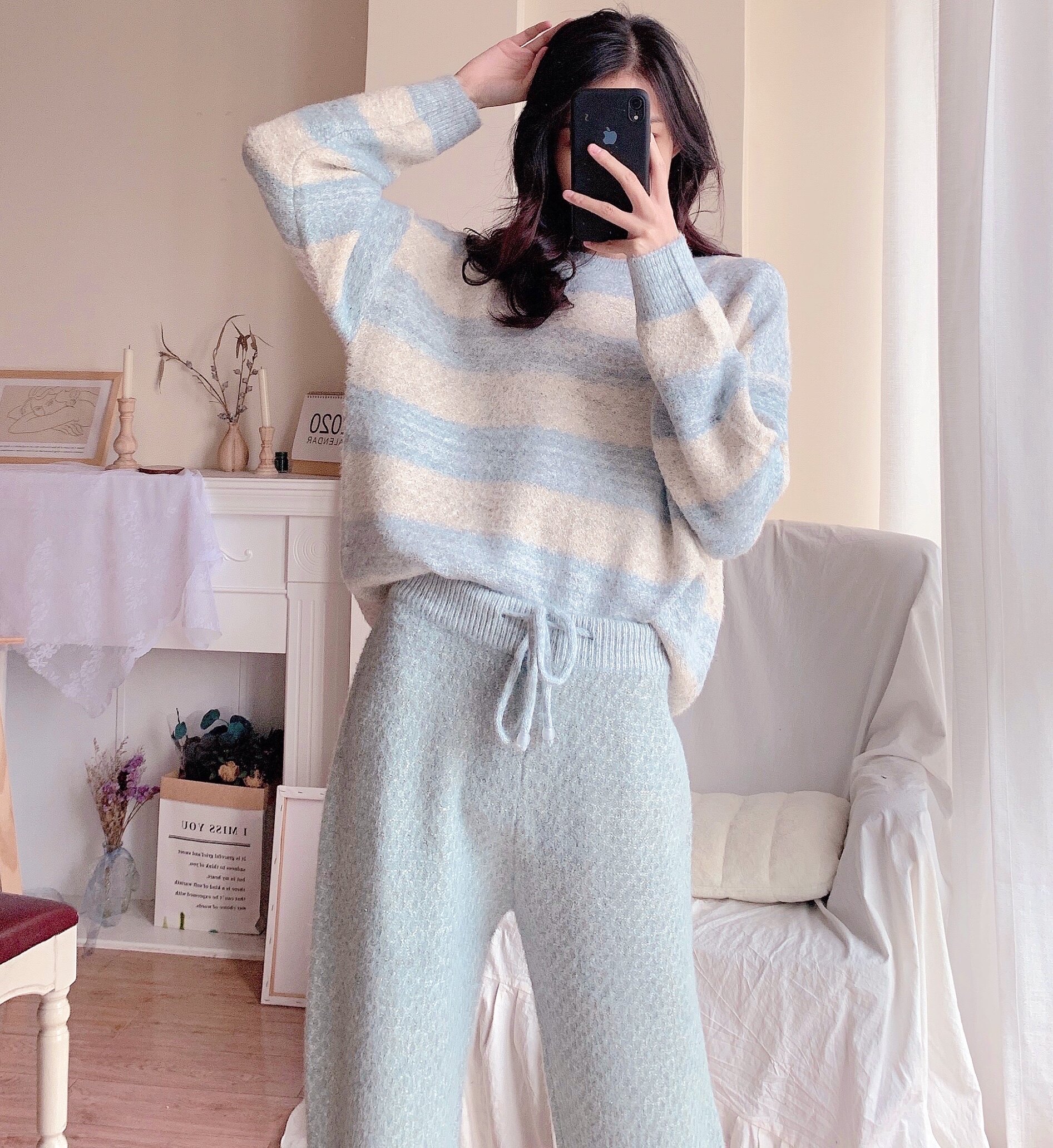 Xiaohongshu recommends soft pajamas women's autumn and winter striped fashion can be worn outside the net red home clothes suit