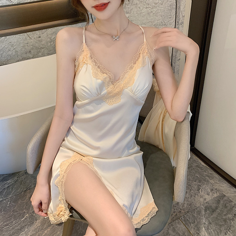 Sleeping Skirt Woman Summer Ice Silk Small Sexy Harness Slim with chest cushion can wear two sets of real silk Spring and autumn pyjamas