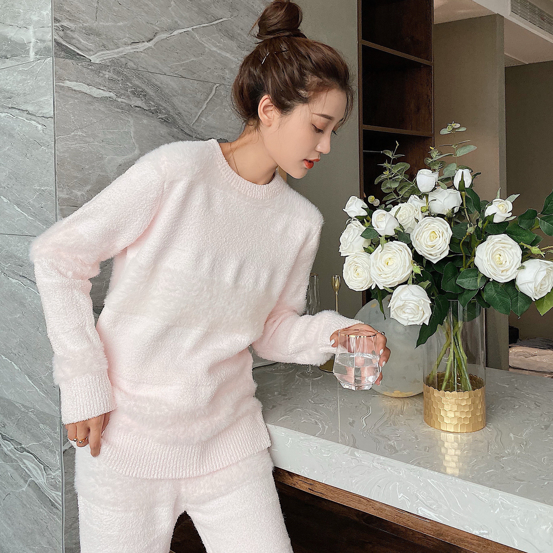 Soft pajamas women's autumn and winter warm thick imitation mink velvet girl cute cotton candy home suit set net red