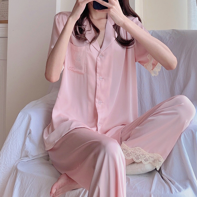 Thin pajamas women summer mesh red ice thread shorts with trousers three pieces of hot drilling silk home suit