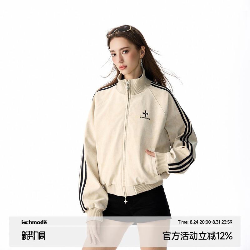Ichmode Celebrity Style Three-Stripe Lychee Pattern Pu Leather Jacket for Women 2026 Autumn Sports Jacket Ichmode Celebrity Style Three-Stripe Lychee Pattern Pu Leather Jacket for Women 2026 Autumn Sports Jacket