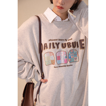 UBUIE dried fish toast bread round neck print gray sweater women Autumn New loose retro top tide