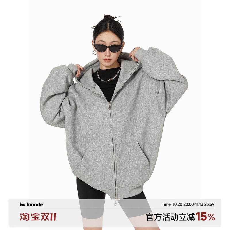 Ich Mode American-Style Heavyweight Gray Sweatshirt Jacket for Women, New Loose-Fitting Hooded Zip-Up Cardigan Top for Autumn Ich Mode American-Style Heavyweight Gray Sweatshirt Jacket for Women, New Loose-Fitting Hooded Zip-Up Cardigan Top for Autumn