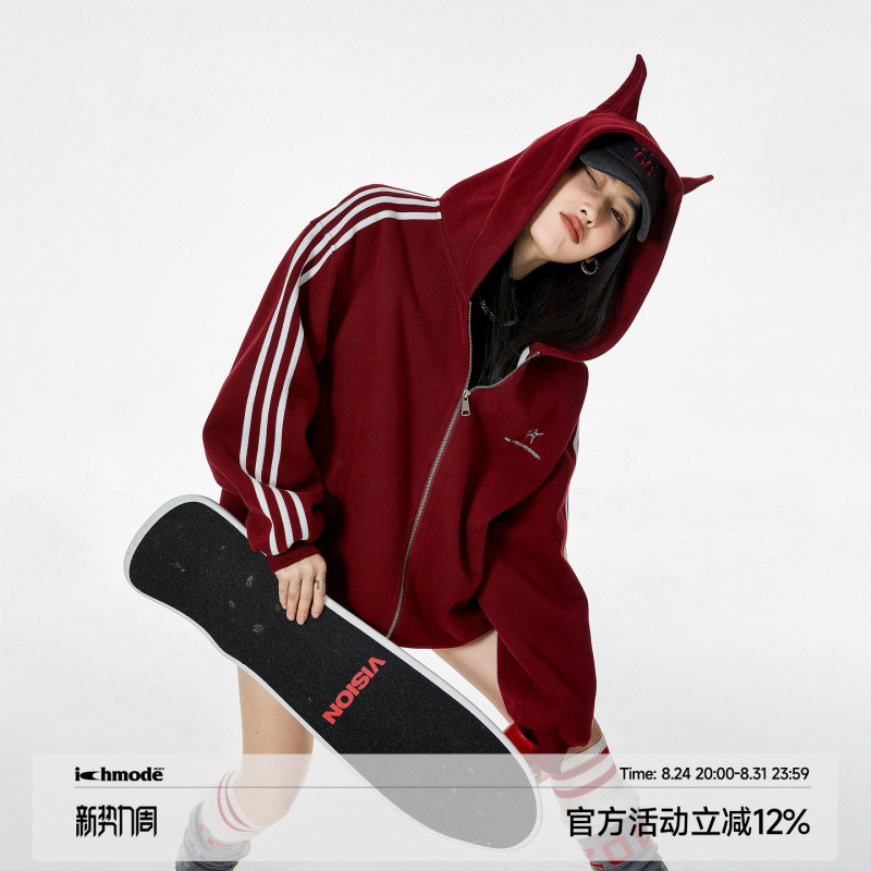 Ich Mode American Style Ear-Hooded Red Cardigan Jacket for Women, New Loose Casual Sweatshirt Top for Autumn Ich Mode American Style Ear-Hooded Red Cardigan Jacket for Women, New Loose Casual Sweatshirt Top for Autumn
