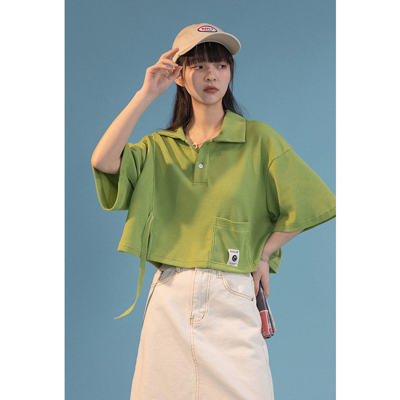 UBUIE Fish Dry Green Polo Collar Short Sleeve T-shirt Woman Summer Short small crowddesign Feel Loose Half Sleeve Blouse