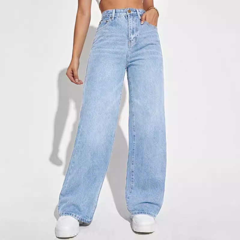 Amazon European and American Women's Plus Size Jeans Women's High-Waisted Slim Straight Wide-Leg Denim Pants