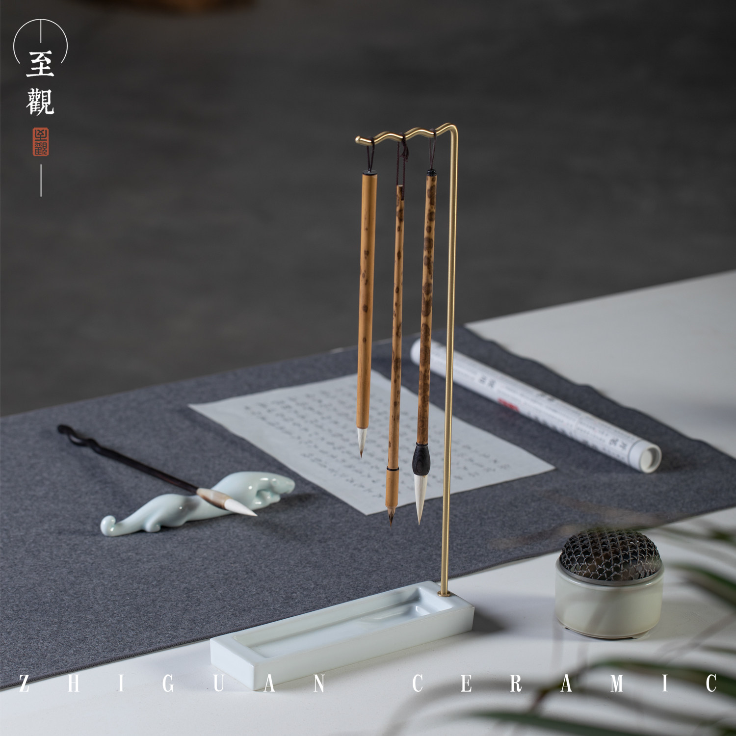 Bronze Pen Holder Brush Pen Hanger Brief About Modern Creative Ink Disc Containing Ink Stone Pendulum Multifunction Show Shelf Wenfang Quel Quel