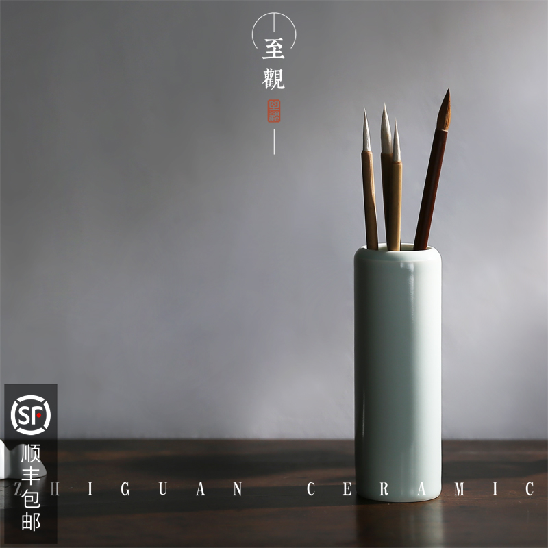 (To View) Boutique Sky Cyan Artisanal Ceramic Pen Holder Pen Jars Office Wen Room Tea Room Brief Retro Style