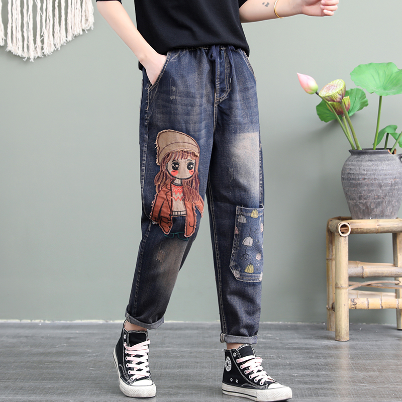 Autumn New Denim Harem Pants for Women, Loose Fit, Slimming, Casual Carrot Pants, Artistic Embroidered Dad Pants, Thin Long Pants