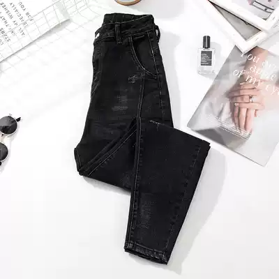 Plus velvet jeans women's loose harun autumn and winter 2021 new high-waisted Korean version of thin dad net red black small feet