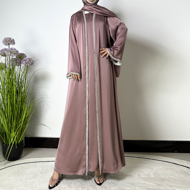 Loose Shiny Satin Diamond-Embellished Long Dress, Long Skirt, Robe, Ethnic Suit, Dress Set, Muslim Robe