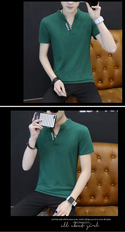 Áo thun nam tay ngắn phong cách mới 裇 cotton cổ áo nhỏ đứng cổ áo mùa hè nam áo ngắn áo thun burberry