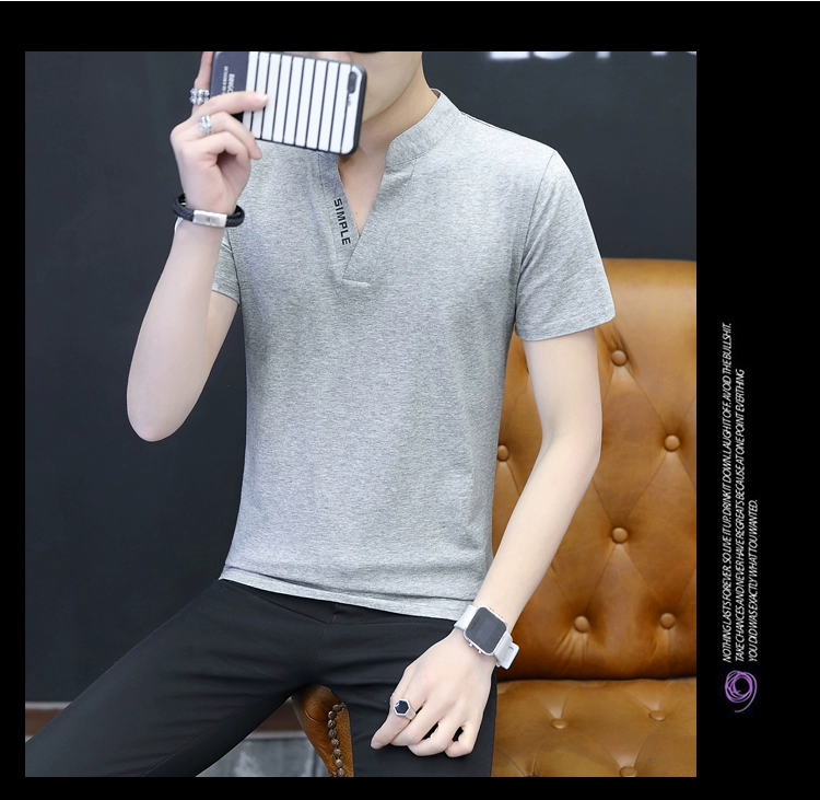 Áo thun nam tay ngắn phong cách mới 裇 cotton cổ áo nhỏ đứng cổ áo mùa hè nam áo ngắn áo thun burberry