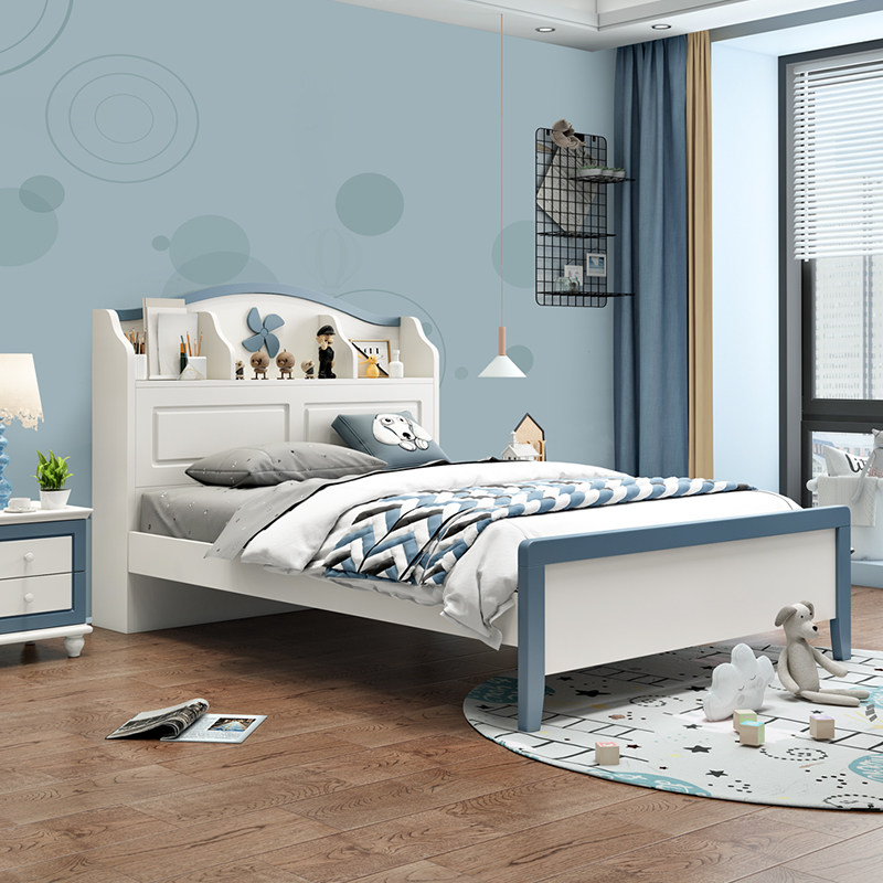 Children's bed Boy small family type Single beds Blue storage multifunction 1 5 m 1 2 m solid wood small bed teenagers