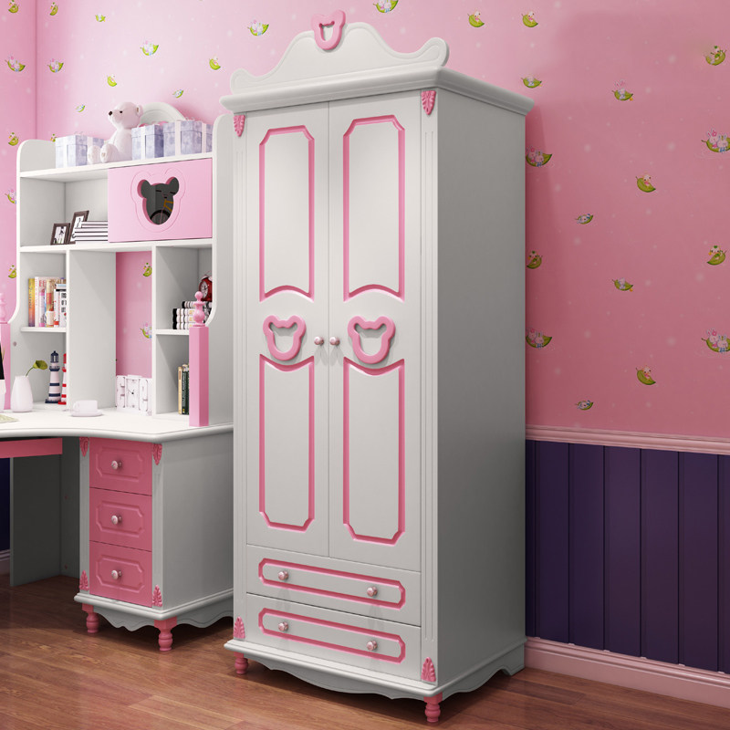 Children's Wardrobe Solid Wood 2 doors cartoon girls Princess Pink Closet Cabinet Korean - style minimal clothes