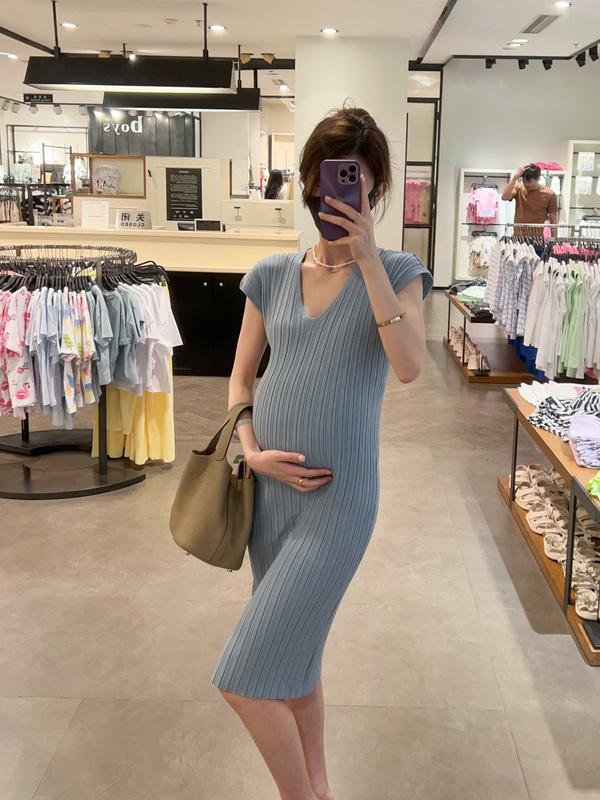 Haide Maternity Wear French V-Neck High-End Short-Sleeved Slim-Fitting Mid-Length Women's Knitted Dress