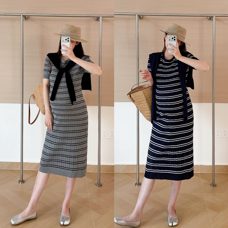 Haide Maternity Wear Korean Style Slimming Soft Simple Striped Round Neck Short-Sleeve Straight Knit Dress with Shawl Haide Maternity Wear Korean Style Slimming Soft Simple Striped Round Neck Short-Sleeve Straight Knit Dress with Shawl