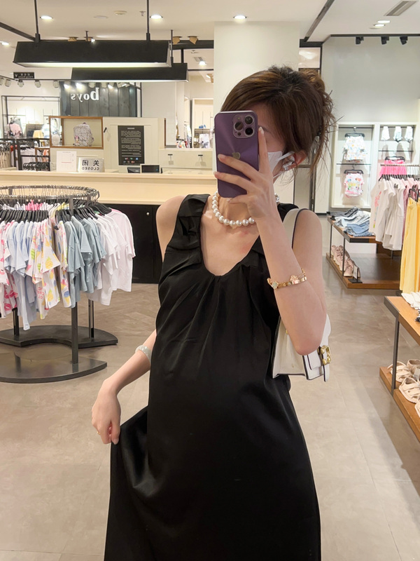 Haide Maternity Wear French Elegant Acetate High-End Loose Pleated Little Black Dress Tank Dress