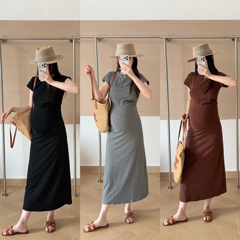 Haide Maternity Wear High-Elastic Tight-Fitting Trendy Solid Color Versatile Casual Slimming Short-Sleeve Mid-Length Dress