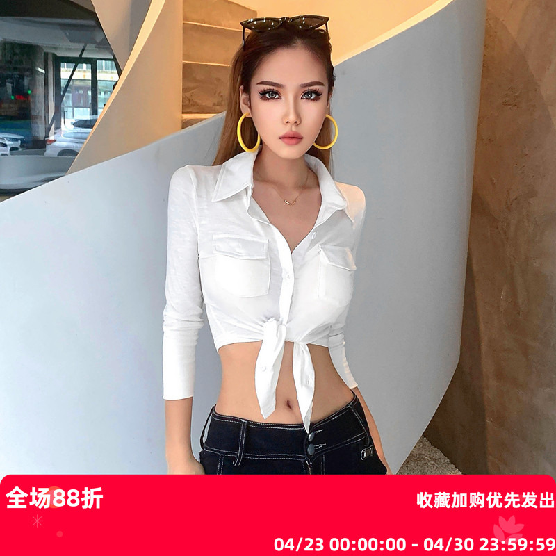 Yi Mengling Style Polo Shirt with Pocket Decoration, Lace-Up Short Crop Top, Trendy Summer Sun Protection Shirt for Women