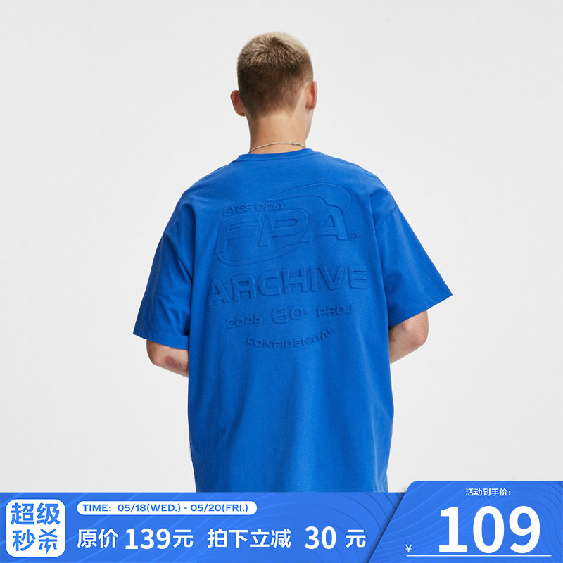 FPA Blue Embossing Short Sleeve Country Tide Cards Easy Round Collar Trend 100 Hitch Summer American Couple Half Sleeve T-Shirt Man